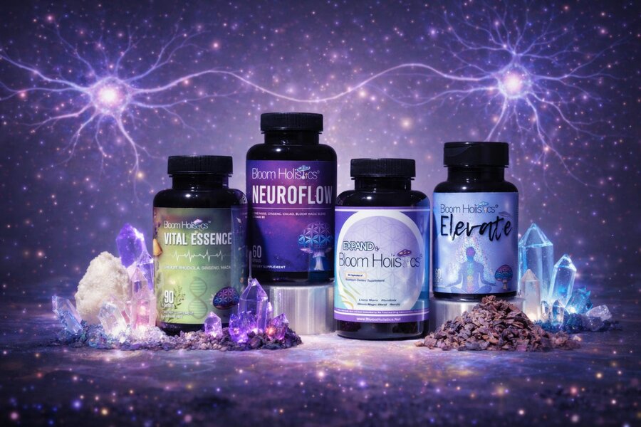 Bloom Holistics microdosing supplements — Vital Essence, Expand, Neuroflow, and Elevate adaptogenic mushroom blends